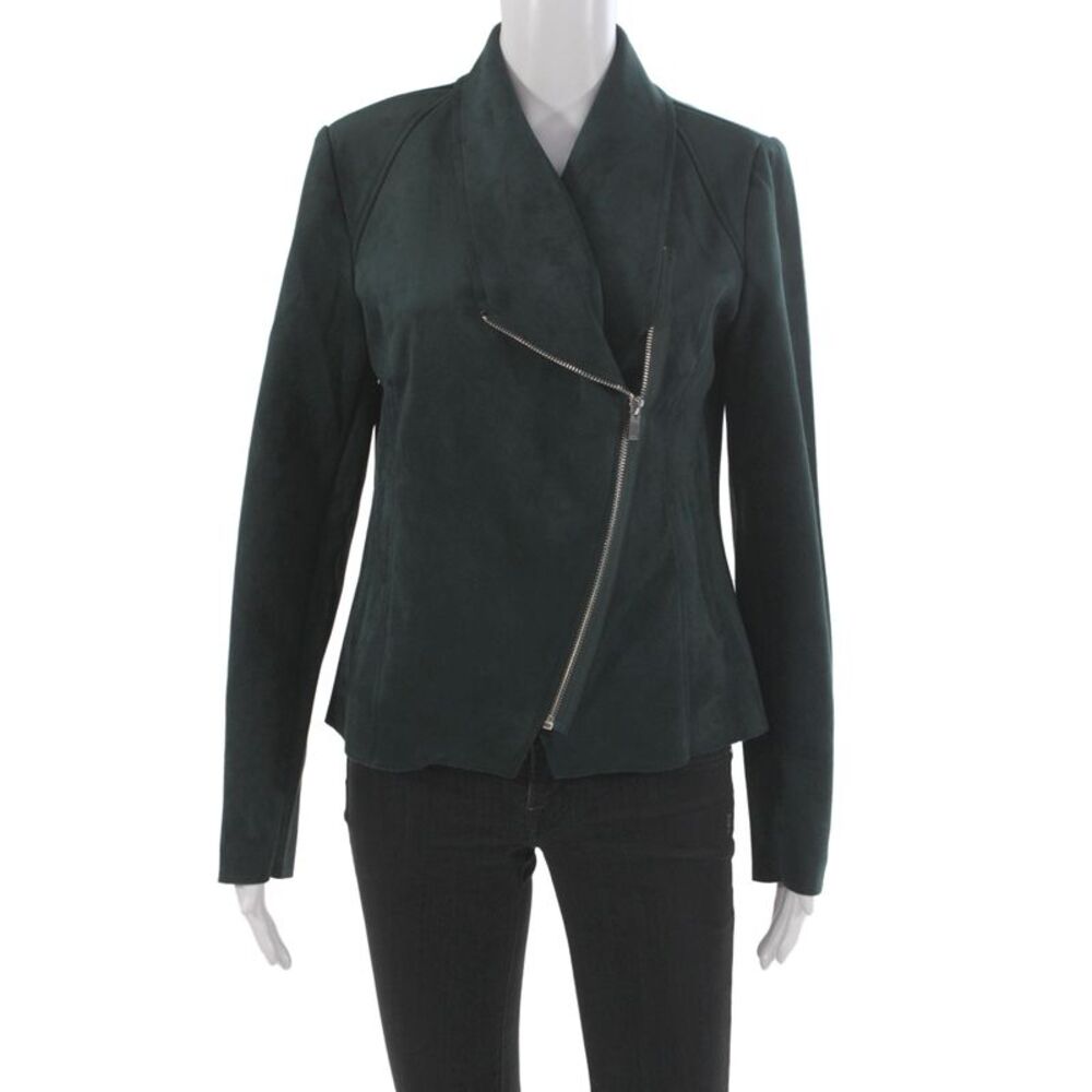 T Tahari Women Motorcycle Jacket Green Zip Long Sleeve Polyester Spandex Size M